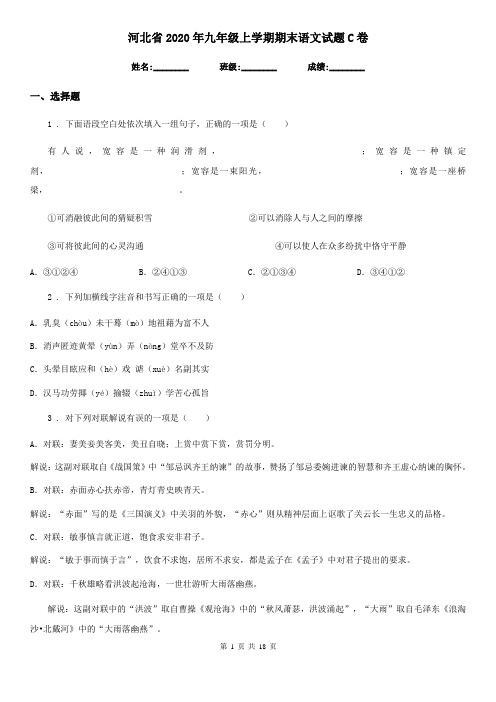 河北省2020年九年级上学期期末语文试题C卷