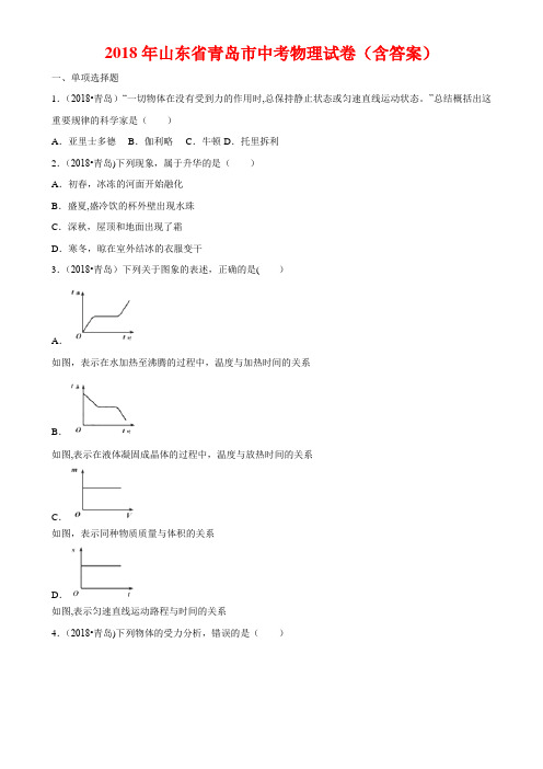 2018年山东省青岛市中考物理试卷(含答案Word)