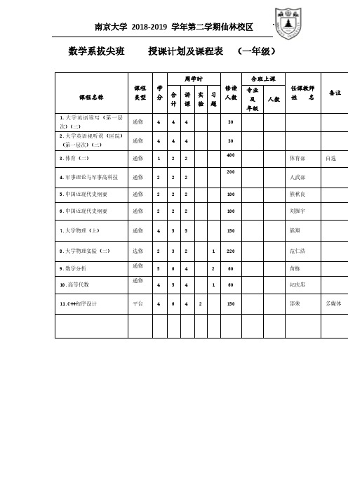 数学系拔尖班 授课计划及课程表 (一年级)