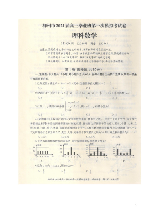 广西柳州市2021届高三第一次模拟考试数学(理)试卷(图片版)