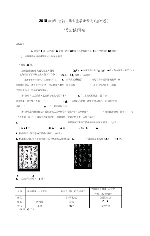 浙江省嘉兴市2018年中考语文试题(Word版,含答案)