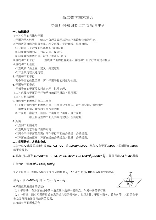 高二数学期末复习立体几何知识要点之直线与平面