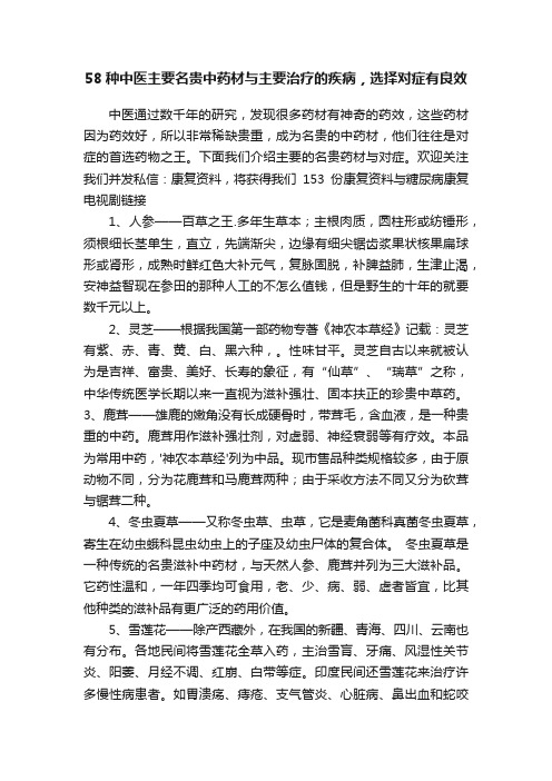 58种中医主要名贵中药材与主要治疗的疾病，选择对症有良效