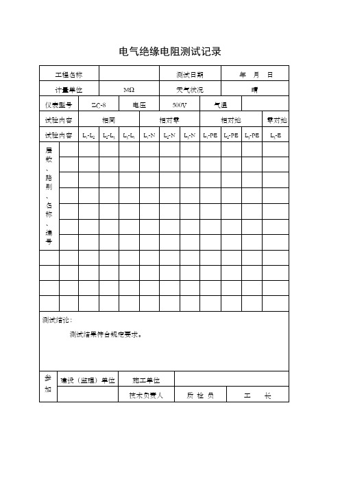 电气线路绝缘电阻测试记录