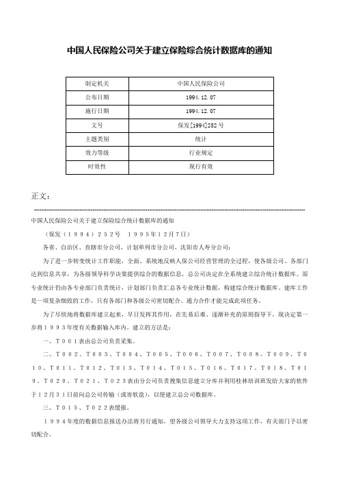 中国人民保险公司关于建立保险综合统计数据库的通知-保发[1994]252号