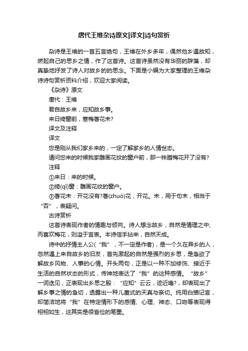 唐代王维杂诗原文译文诗句赏析