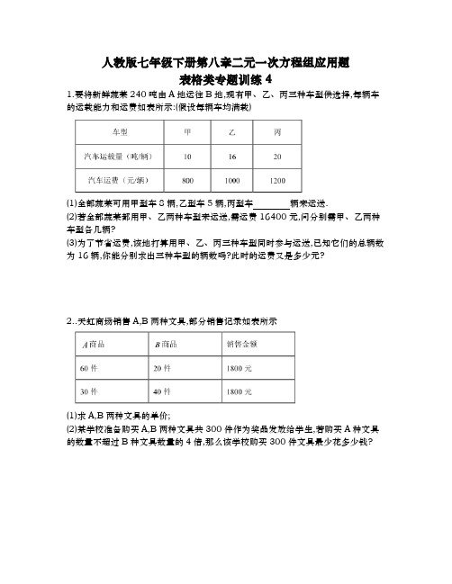 人教版七年级下册第八章二元一次方程组应用题表格类专题训练4