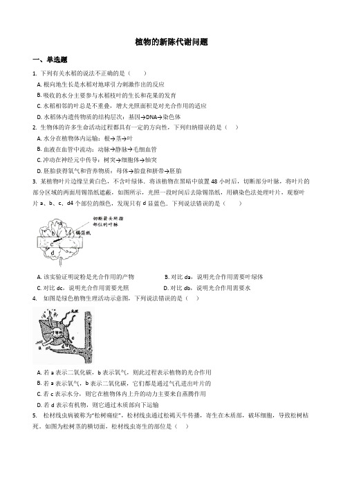 中考科学考前冲刺选择题系列专题31——植物的新陈代谢问题