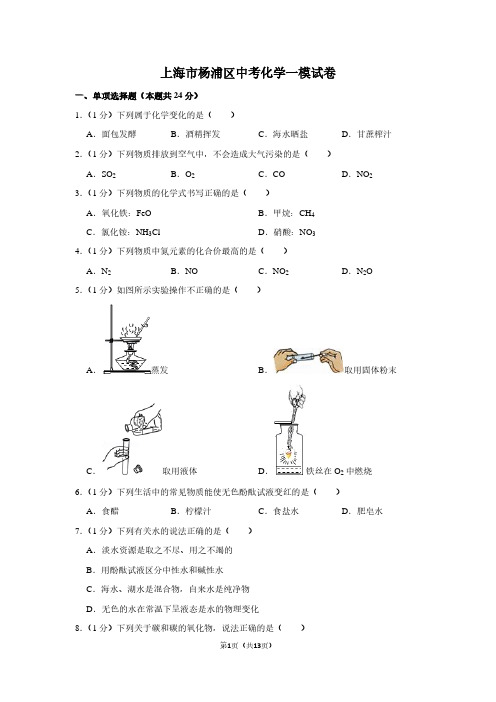 上海市杨浦区中考化学一模试卷