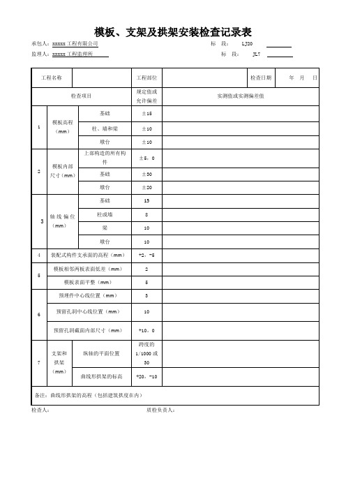 模板、支架及拱架安装检查记录表