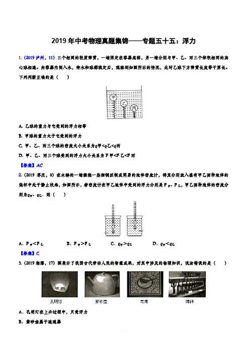 2019年中考物理真题集锦——专题五十五：浮力(含答案)