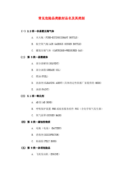 常见危险品类航材品名及其类别