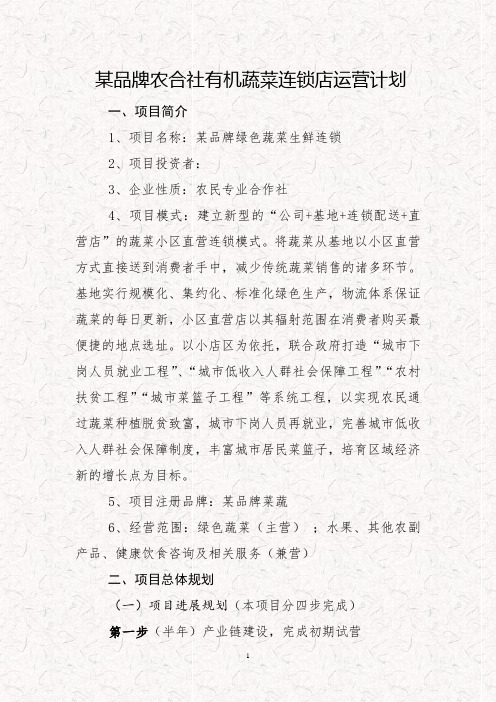 农业专业合作社蔬菜连锁社区直营项目商业策划书(完整版)