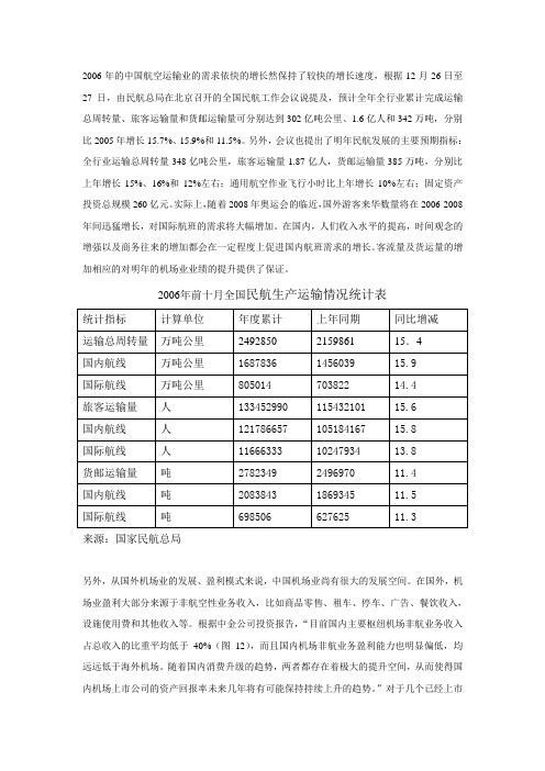 2006年的中国航空运输业的需求依快的增长然保持了较快的