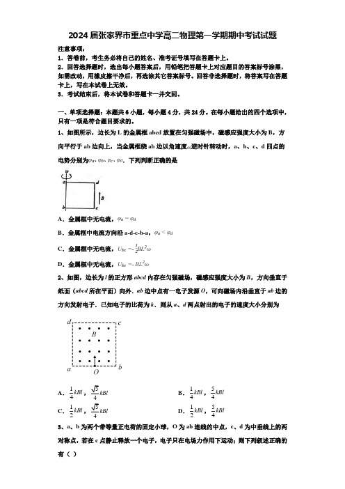 2024届张家界市重点中学高二物理第一学期期中考试试题含解析