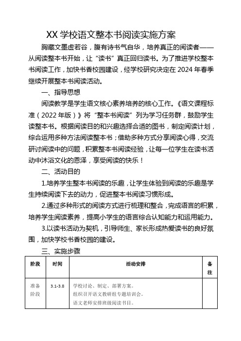 XX学校语文整本书阅读实施方案