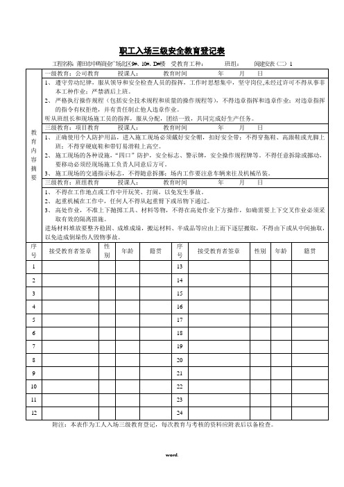 建筑工人安全教育职工入场三级安全教育登记表(优选.)