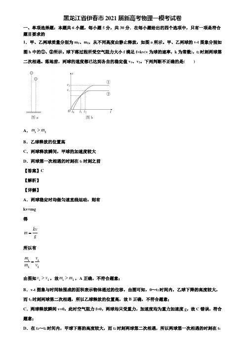 黑龙江省伊春市2021届新高考物理一模考试卷含解析