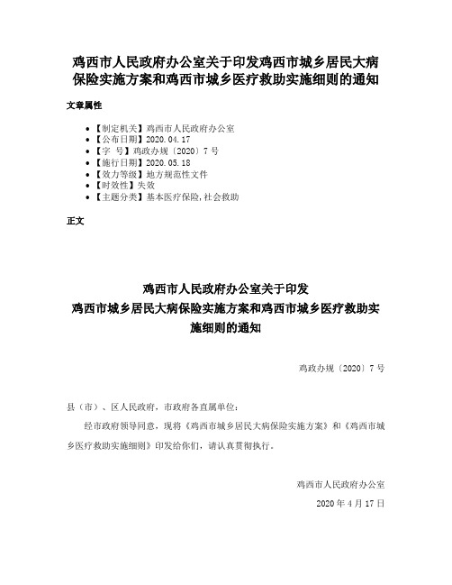 鸡西市人民政府办公室关于印发鸡西市城乡居民大病保险实施方案和鸡西市城乡医疗救助实施细则的通知