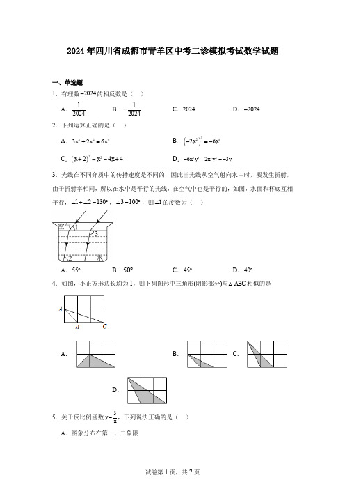 2024年四川省成都市青羊区中考二诊模拟考试数学试题