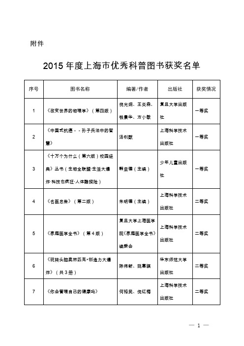 2015 年度上海市优秀科普图书获奖名单 - 上海市科学技术委员会