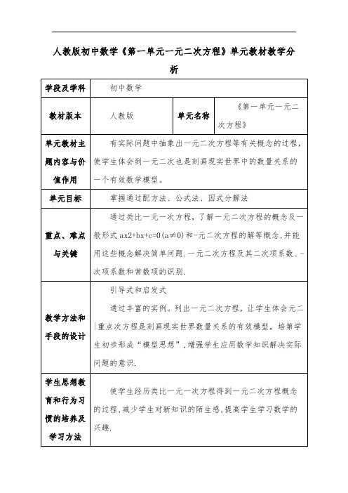 人教版初中数学《第一单元一元二次方程》单元教材教学分析