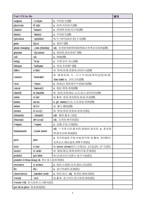 2019译林版高中英语选择性必修二Unit 3 Fit for life 单词表