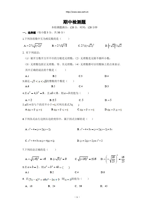 【配套中学教材全解工具版】七年级数学(下)(上海科技版)期中 检测题(含详解)