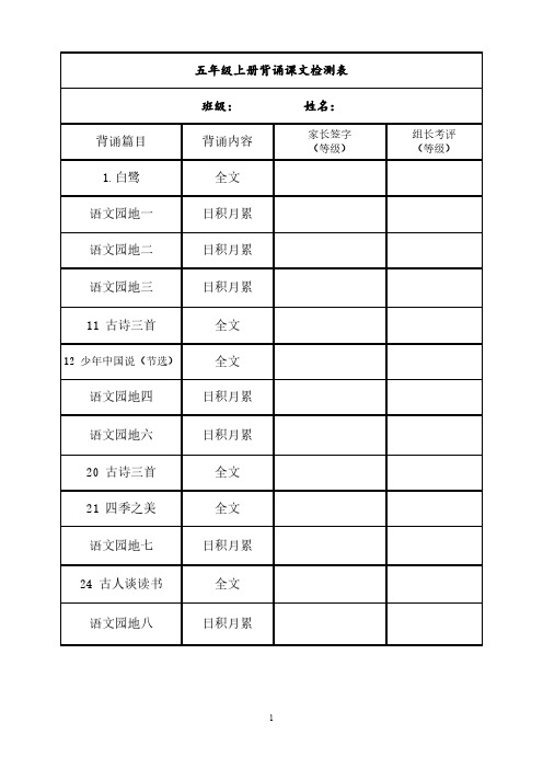 五年级上册背诵课文内容及闯关表