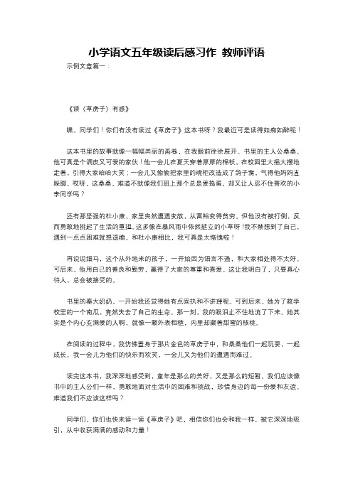 小学语文五年级读后感习作 教师评语