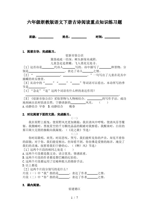 六年级浙教版语文下册古诗阅读重点知识练习题