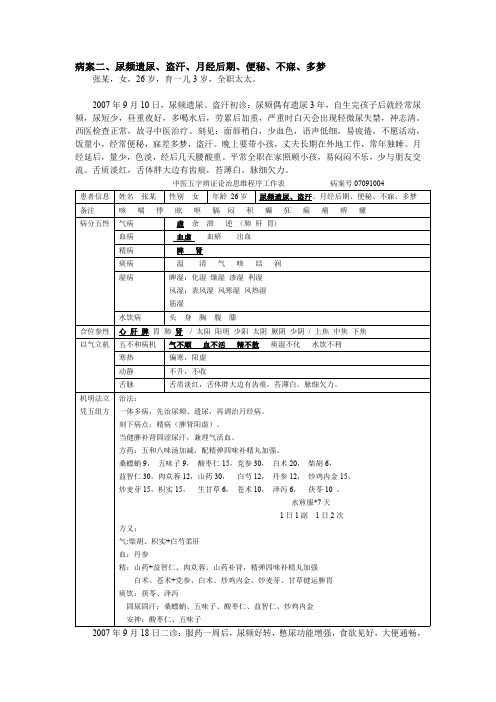 包永辉中医医案：尿频遗尿、盗汗、月经后期、便秘、不寐、多梦