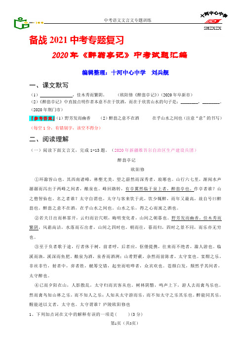 2020年《醉翁亭记》中考试题汇编