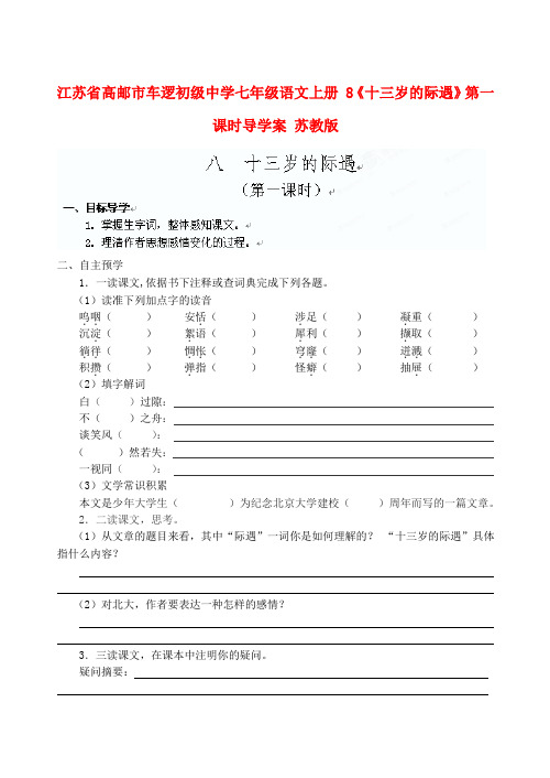 江苏省高邮市车逻初级中学七年级语文上册 8《十三岁的际遇》第一课时导学案 苏教版