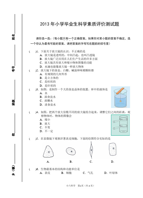 2013年小学毕业生科学素质评价测试题