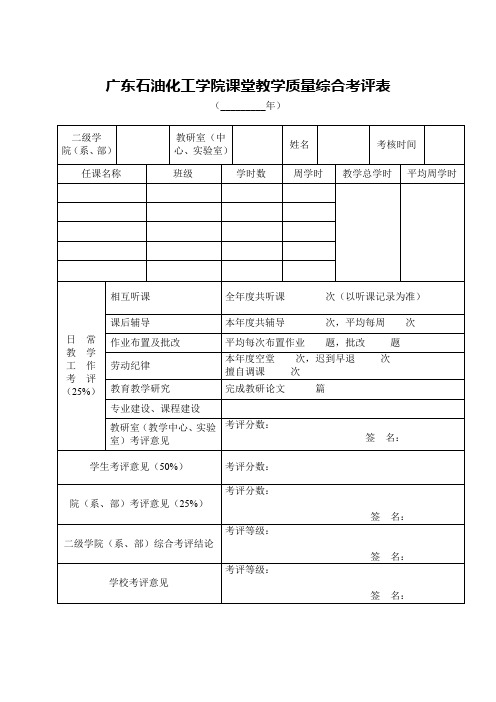 广东石油化工学院课堂教学质量综合考评表