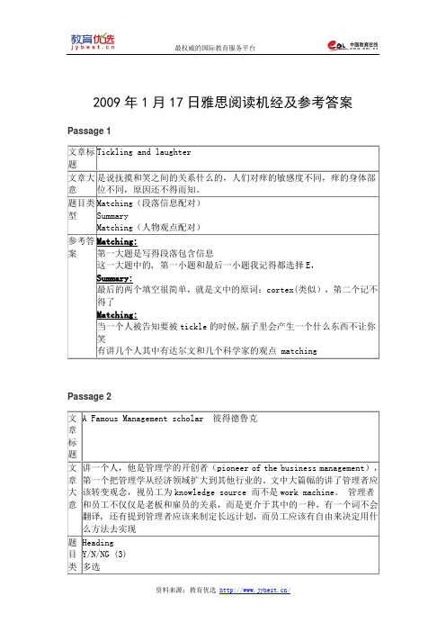 2009年1月17日雅思阅读机经及参考答案