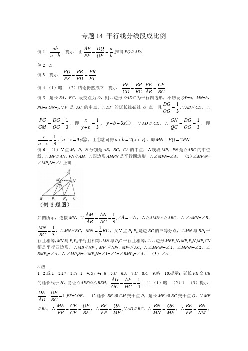 专题14 平行线分线段成比例_答案