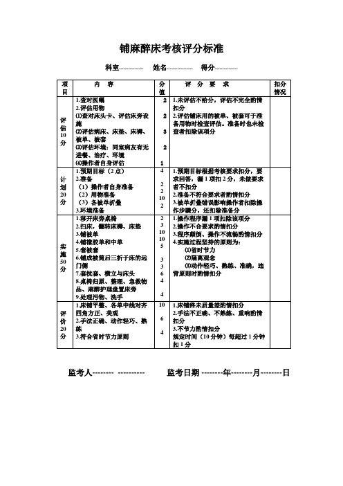 铺麻醉床考核评分标准