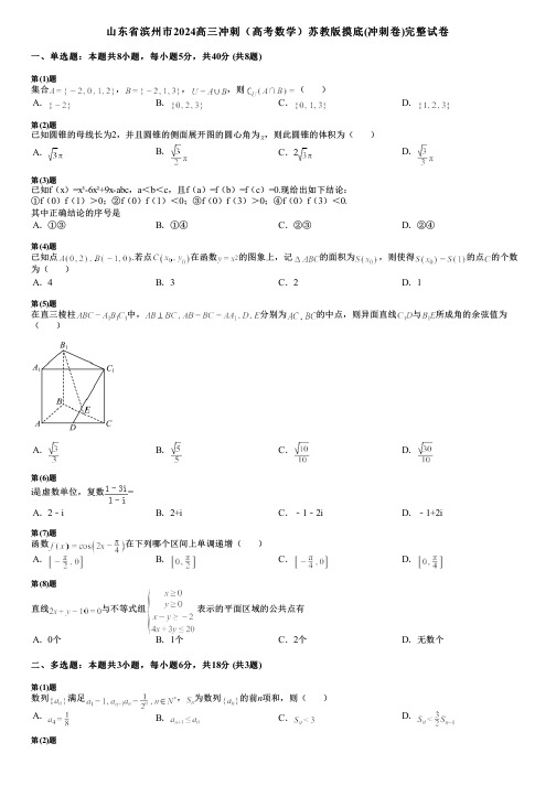 山东省滨州市2024高三冲刺(高考数学)苏教版摸底(冲刺卷)完整试卷