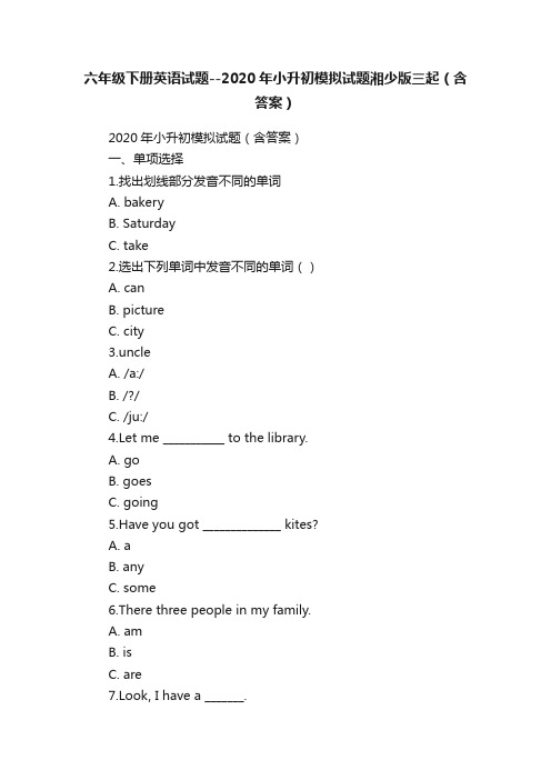 六年级下册英语试题--2020年小升初模拟试题湘少版三起（含答案）