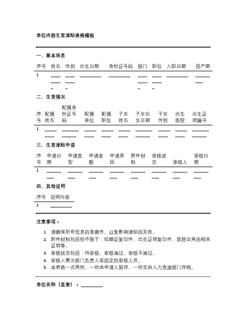 单位内部生育津贴表格模板