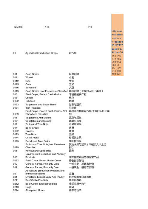 标准SIC code中英文对照表