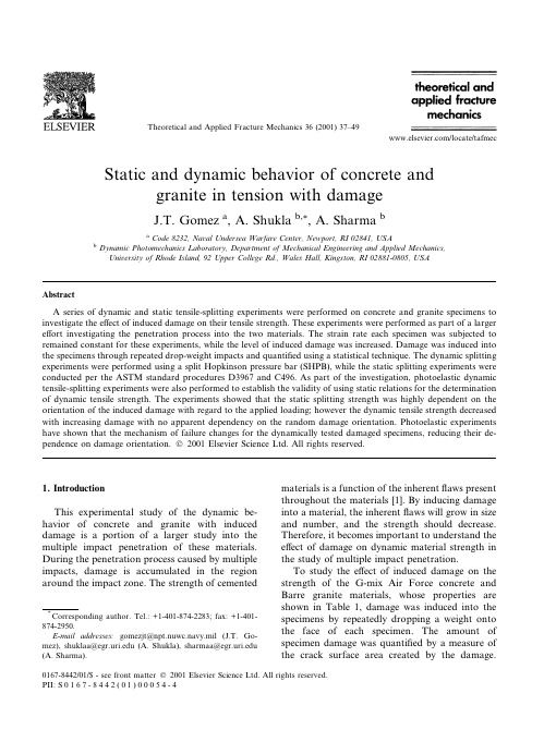 Static and dynamic behavior of concrete and granite in tension with damage