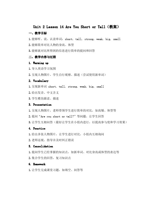 Unit 2 Lesson 14 Are You Short or Tall(教案)-2022-20