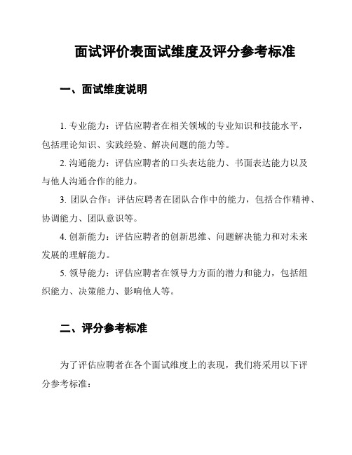 面试评价表面试维度及评分参考标准