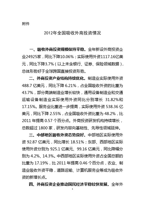 2012年全国吸收外商投资情况