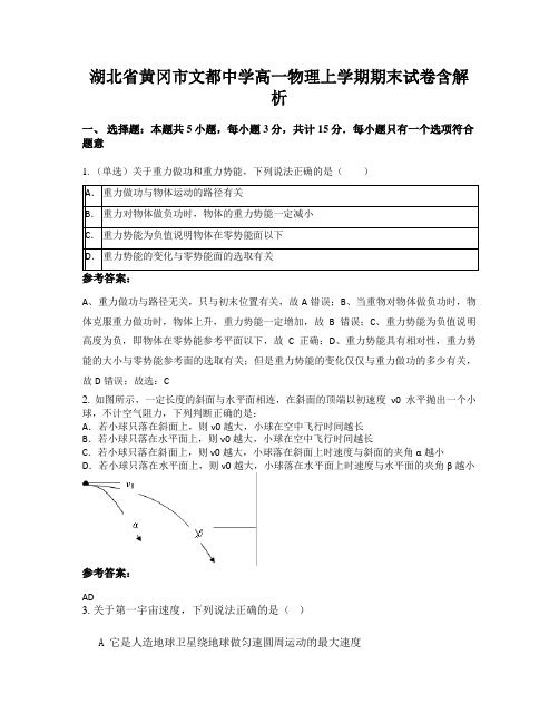 湖北省黄冈市文都中学高一物理上学期期末试卷含解析