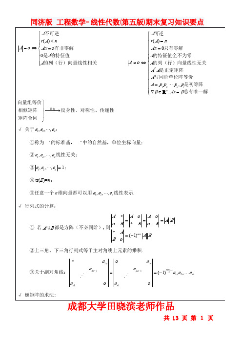 同济版 工程数学-线性代数(第五版)期末复习知识要点(成都大学田晓滨老师作品)