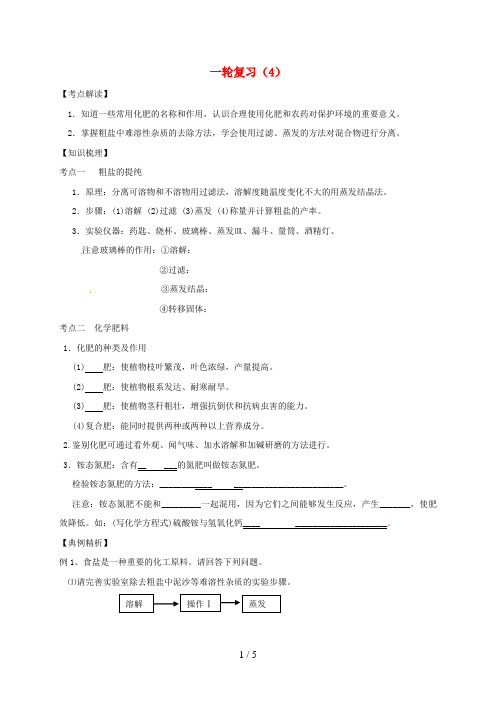 江苏省盐城市滨海县中考化学一轮复习粗盐提纯化学肥料导学案(无答案)